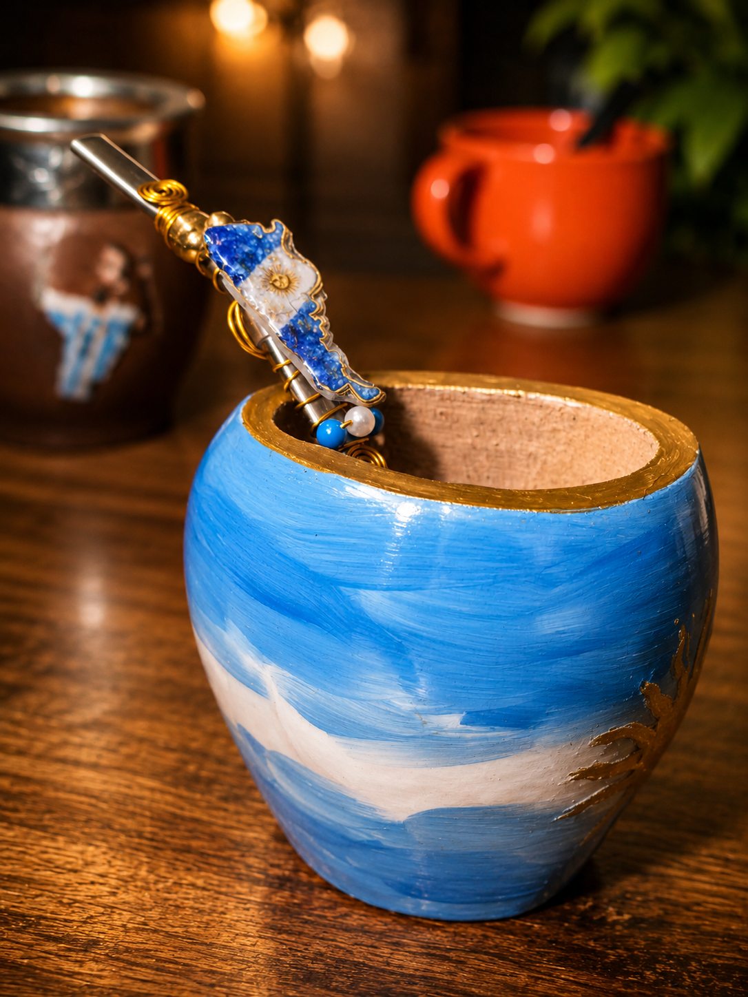 Mate celeste y blanco con bombilla decorada temática argentina