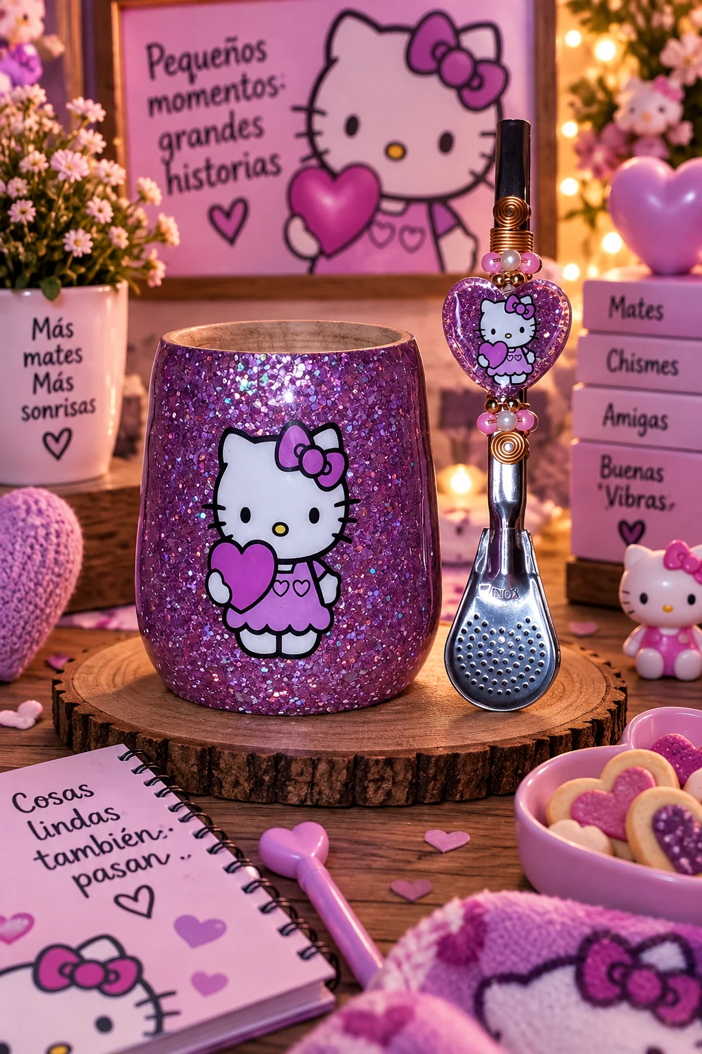 Mate Hello Kitty corazón violeta y rosa con bombilla decorada ElyVentas