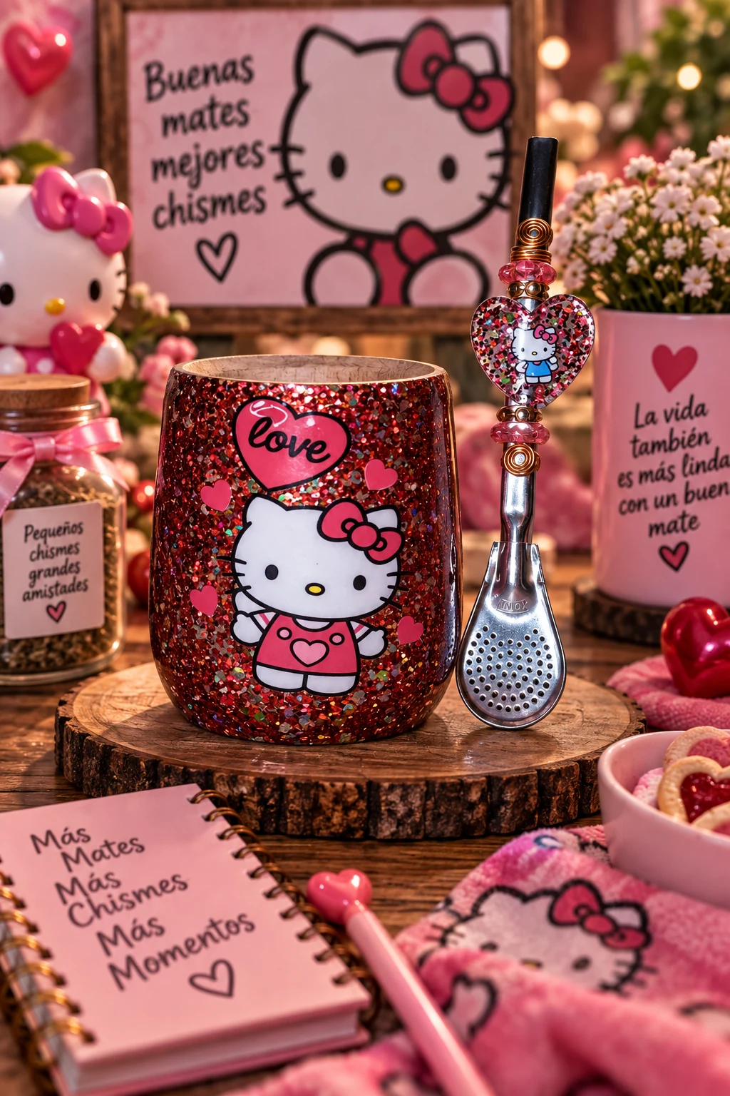 Mate Hello Kitty Love rojo con bombilla decorada ElyVentas