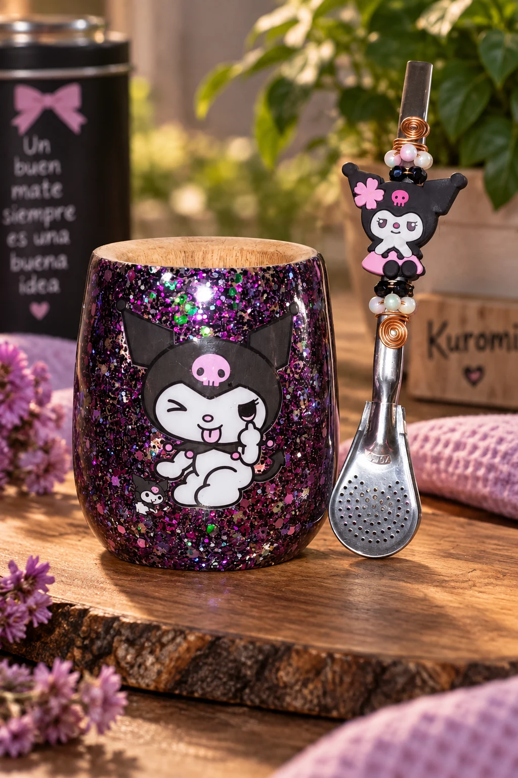 Mate Kuromi guiño con bombilla decorada ElyVentas