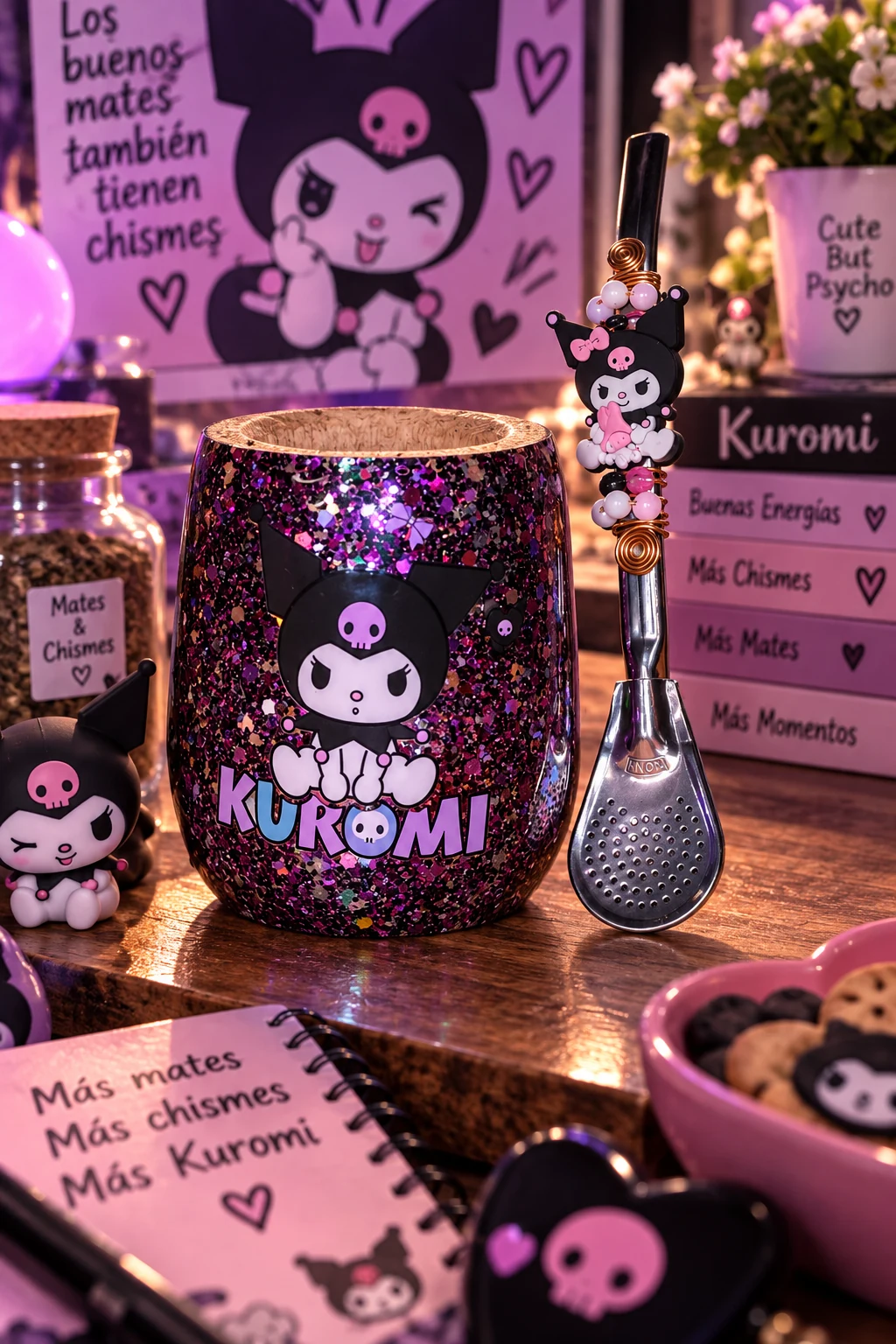 Mate Kuromi sentada con bombilla decorada ElyVentas