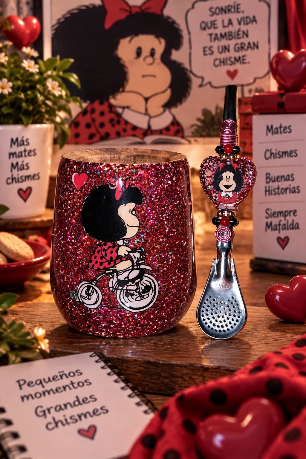Mate Mafalda en bicicleta con bombilla decorada ElyVentas