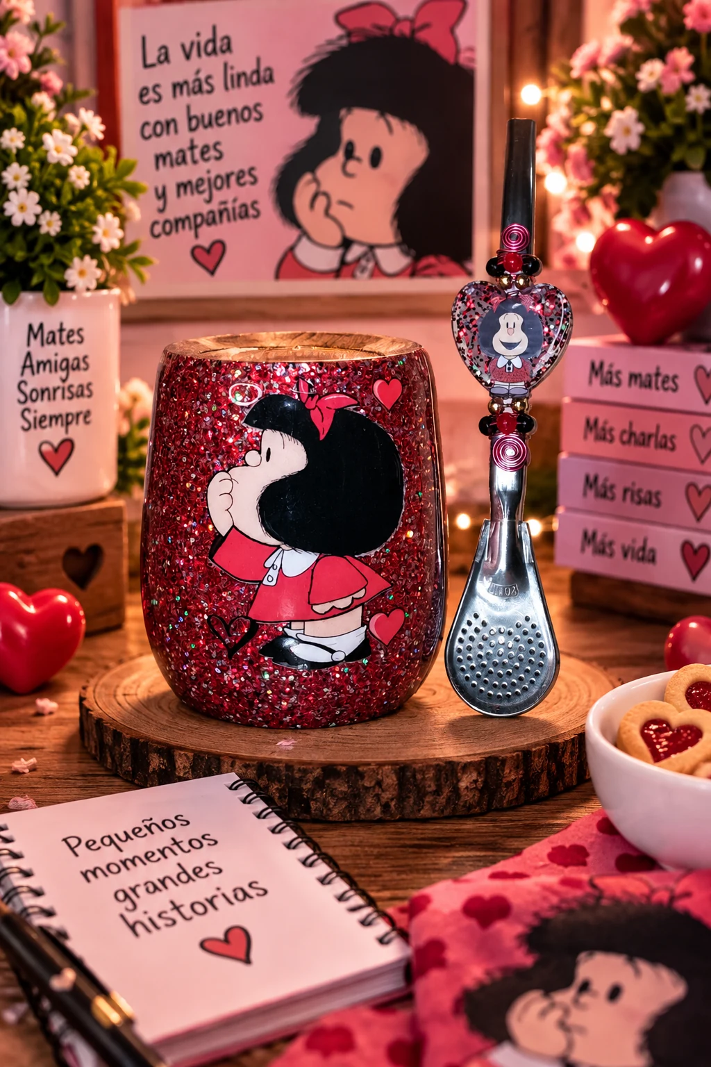 Mate Mafalda rojo con corazones y bombilla decorada ElyVentas