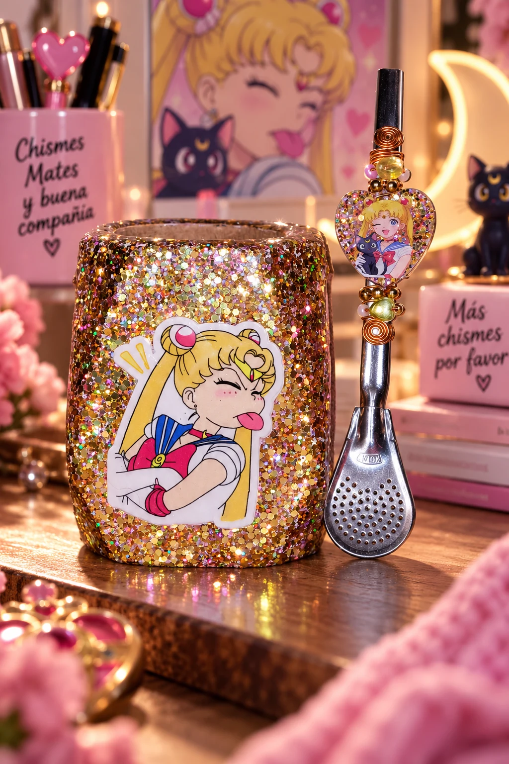 Mate Sailor Moon y gato con bombilla decorada ElyVentas