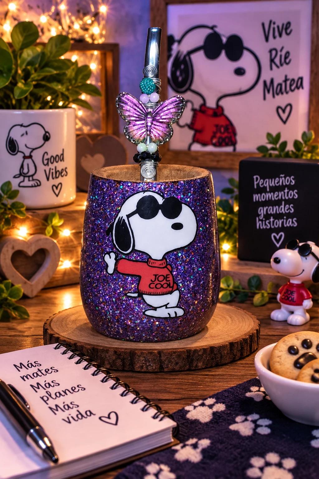 Mate Snoopy Joe Cool con bombilla decorada con mariposa ElyVentas
