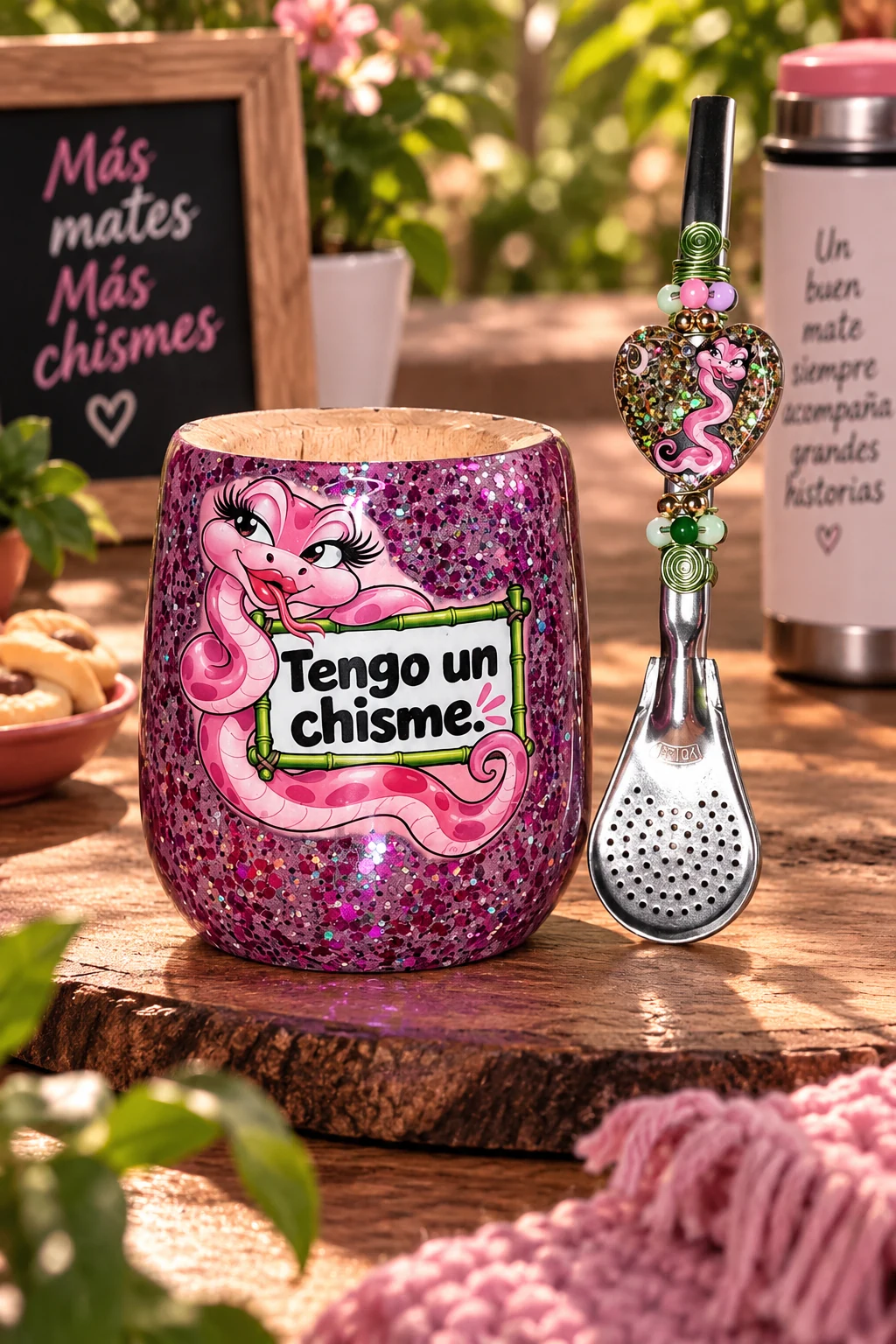 Mate Víbora Rosada Tengo un chisme con bombilla decorada ElyVentas