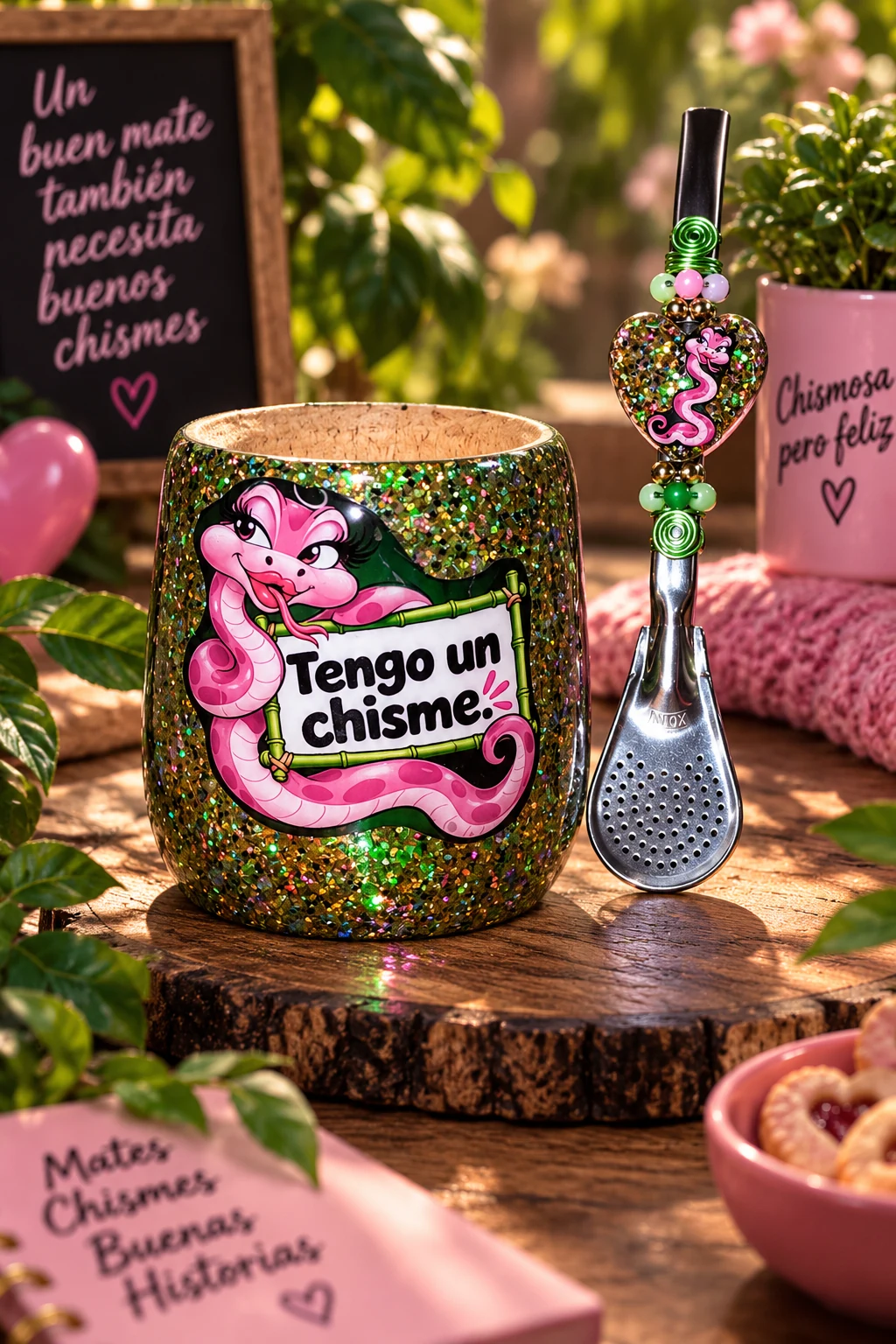 Mate Víbora Rosada verde y dorado con bombilla decorada ElyVentas