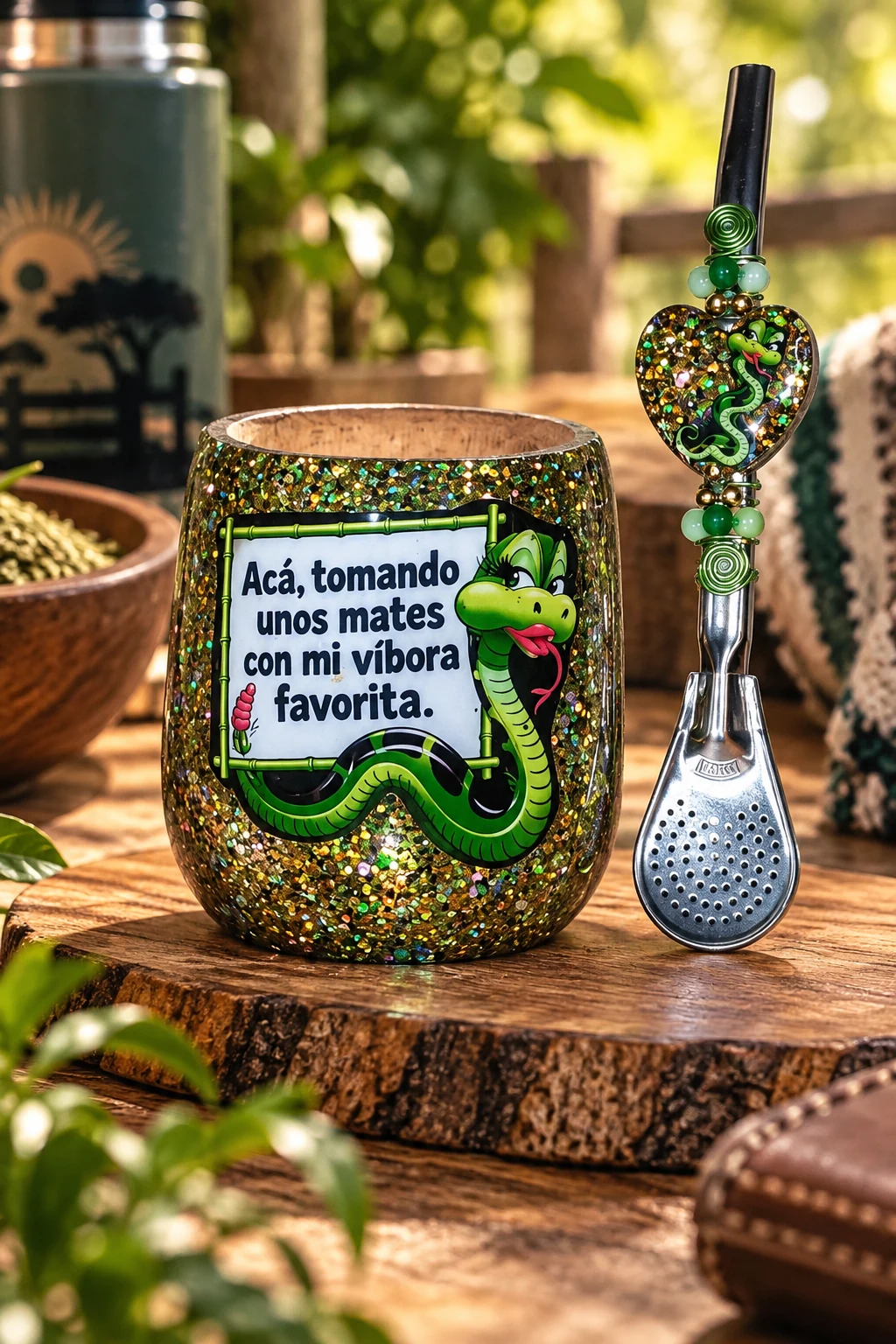 Mate Víbora Verde y Dorado con bombilla decorada ElyVentas