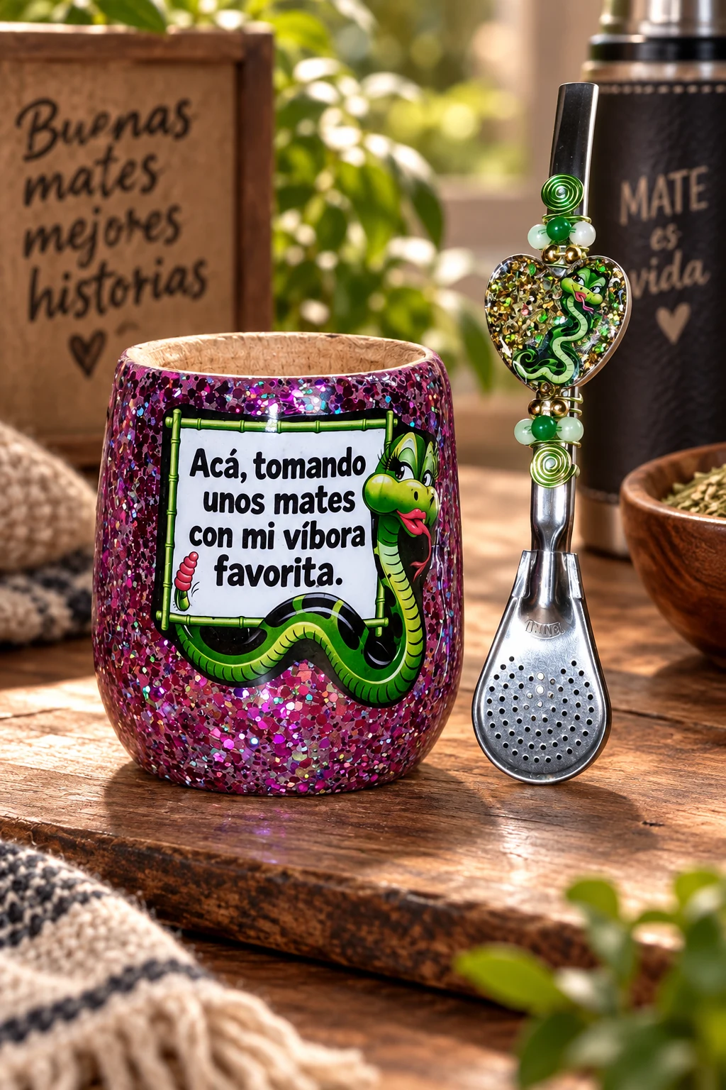 Mate Víbora Verde rosa y violeta con bombilla decorada ElyVentas
